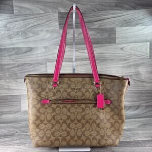 Coach Gallery Tote Bag Signature Canvas Brown Pink Trim Zip Shoulder Bag 79609